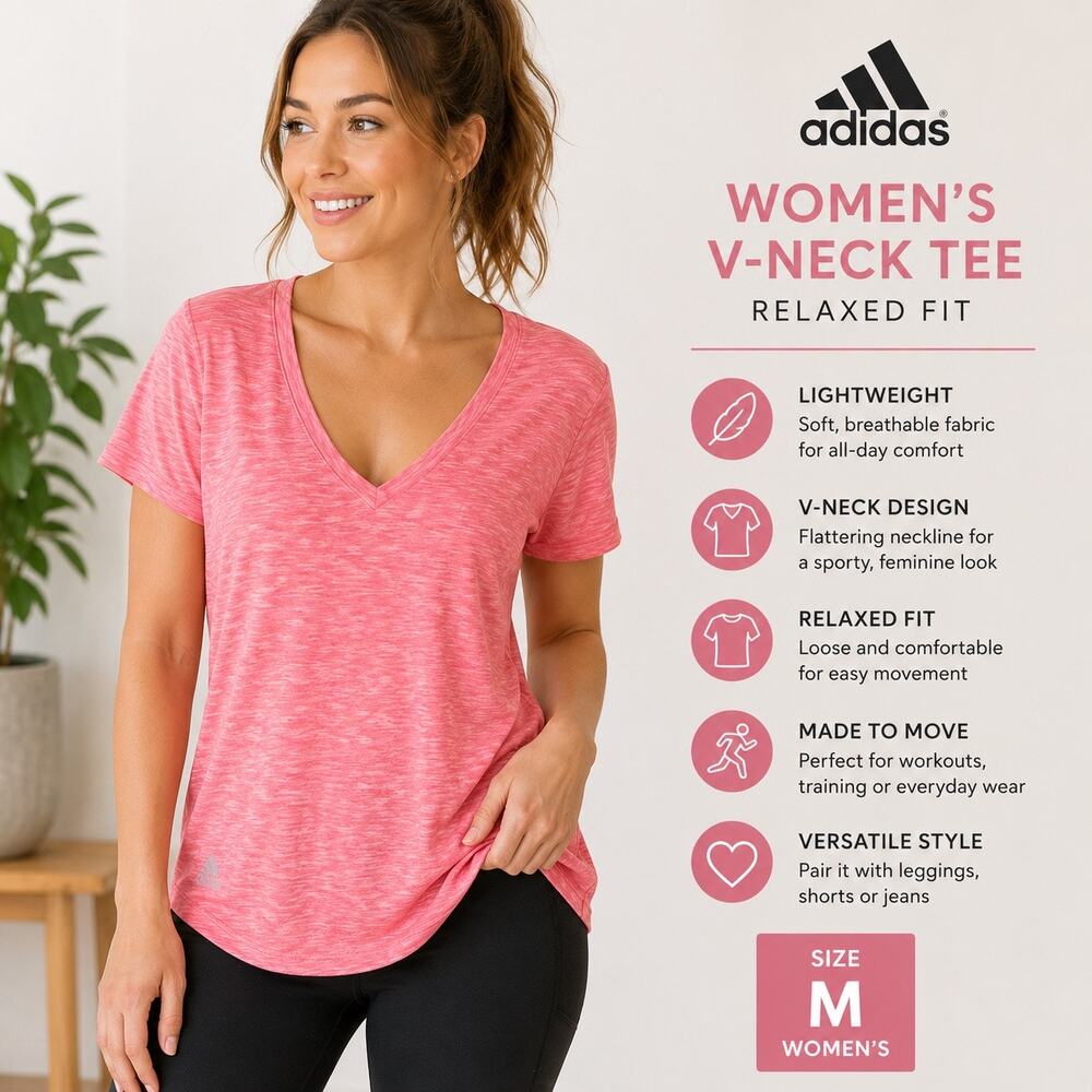 Adidas Womens Pink V Neck T Shirt Athletic Top Relaxed Fit Short Sleeve Medium